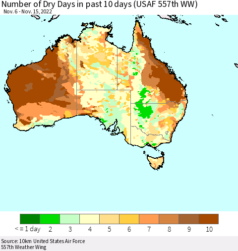 Australia Number of Dry Days in past 10 days (USAF 557th WW) Thematic Map For 11/11/2022 - 11/15/2022