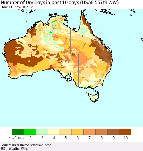 Australia Number of Dry Days in past 10 days (USAF 557th WW) Thematic Map For 11/16/2022 - 11/20/2022