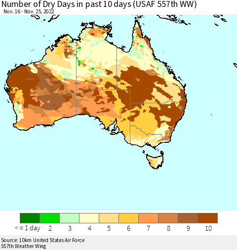 Australia Number of Dry Days in past 10 days (USAF 557th WW) Thematic Map For 11/21/2022 - 11/25/2022