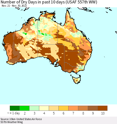 Australia Number of Dry Days in past 10 days (USAF 557th WW) Thematic Map For 11/26/2022 - 11/30/2022