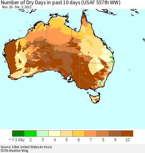 Australia Number of Dry Days in past 10 days (USAF 557th WW) Thematic Map For 12/1/2022 - 12/5/2022