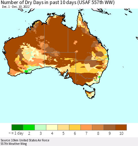 Australia Number of Dry Days in past 10 days (USAF 557th WW) Thematic Map For 12/6/2022 - 12/10/2022