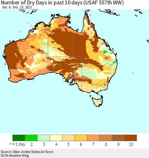 Australia Number of Dry Days in past 10 days (USAF 557th WW) Thematic Map For 12/11/2022 - 12/15/2022