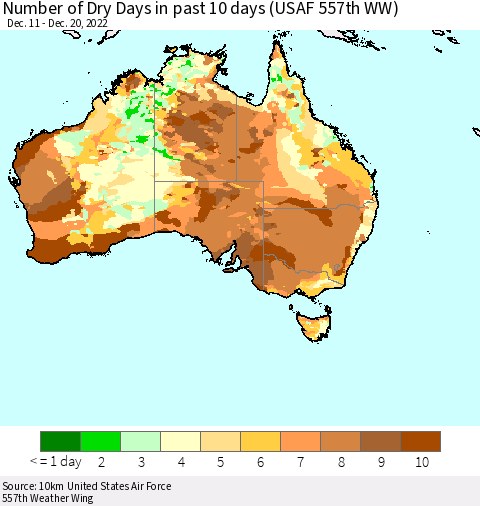 Australia Number of Dry Days in past 10 days (USAF 557th WW) Thematic Map For 12/16/2022 - 12/20/2022
