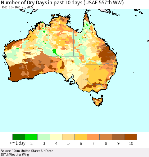 Australia Number of Dry Days in past 10 days (USAF 557th WW) Thematic Map For 12/21/2022 - 12/25/2022