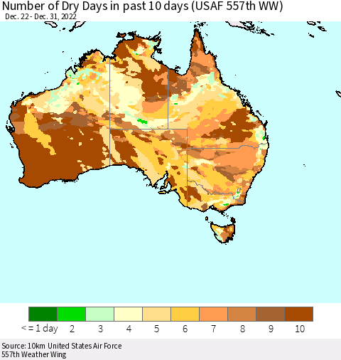 Australia Number of Dry Days in past 10 days (USAF 557th WW) Thematic Map For 12/26/2022 - 12/31/2022