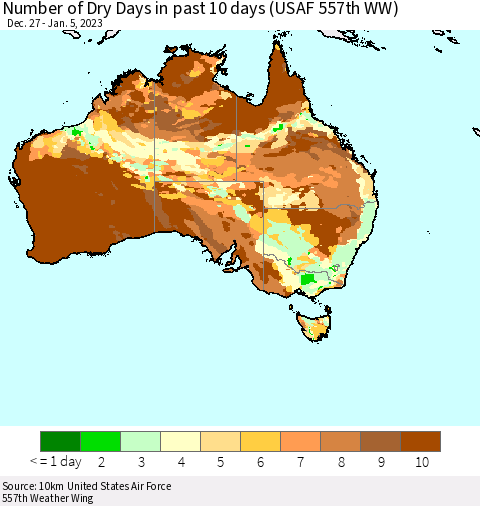 Australia Number of Dry Days in past 10 days (USAF 557th WW) Thematic Map For 1/1/2023 - 1/5/2023