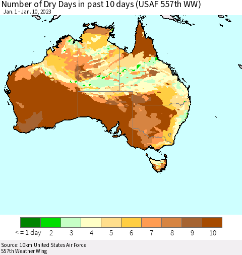 Australia Number of Dry Days in past 10 days (USAF 557th WW) Thematic Map For 1/6/2023 - 1/10/2023