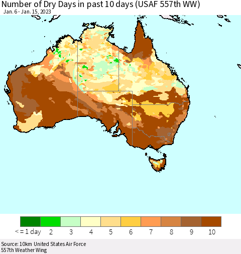 Australia Number of Dry Days in past 10 days (USAF 557th WW) Thematic Map For 1/11/2023 - 1/15/2023