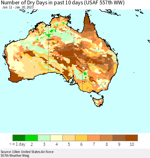 Australia Number of Dry Days in past 10 days (USAF 557th WW) Thematic Map For 1/16/2023 - 1/20/2023