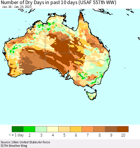 Australia Number of Dry Days in past 10 days (USAF 557th WW) Thematic Map For 1/21/2023 - 1/25/2023