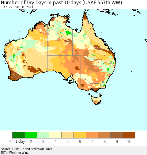 Australia Number of Dry Days in past 10 days (USAF 557th WW) Thematic Map For 1/26/2023 - 1/31/2023
