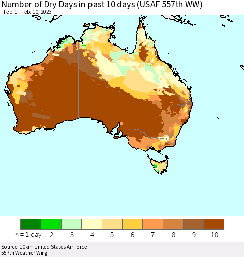 Australia Number of Dry Days in past 10 days (USAF 557th WW) Thematic Map For 2/6/2023 - 2/10/2023