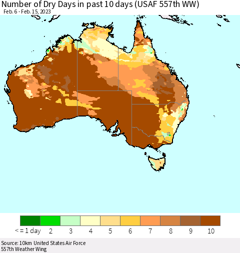 Australia Number of Dry Days in past 10 days (USAF 557th WW) Thematic Map For 2/11/2023 - 2/15/2023