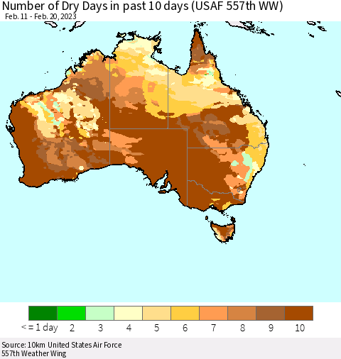 Australia Number of Dry Days in past 10 days (USAF 557th WW) Thematic Map For 2/16/2023 - 2/20/2023