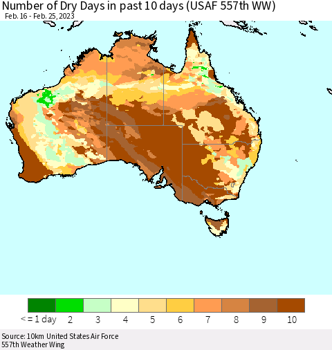 Australia Number of Dry Days in past 10 days (USAF 557th WW) Thematic Map For 2/21/2023 - 2/25/2023