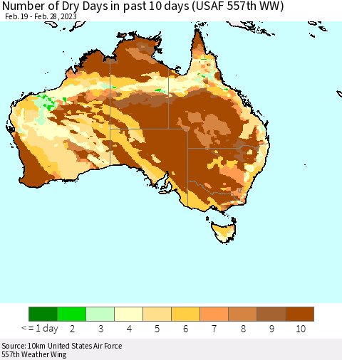 Australia Number of Dry Days in past 10 days (USAF 557th WW) Thematic Map For 2/26/2023 - 2/28/2023