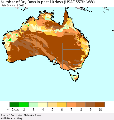 Australia Number of Dry Days in past 10 days (USAF 557th WW) Thematic Map For 3/1/2023 - 3/5/2023