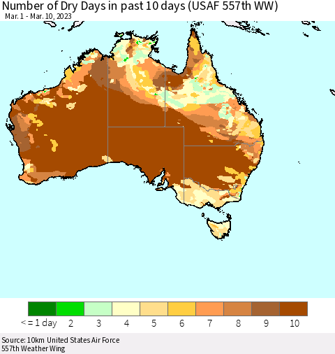 Australia Number of Dry Days in past 10 days (USAF 557th WW) Thematic Map For 3/6/2023 - 3/10/2023