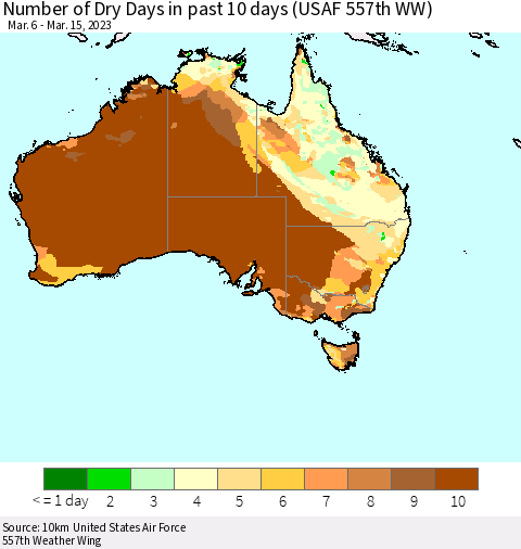 Australia Number of Dry Days in past 10 days (USAF 557th WW) Thematic Map For 3/11/2023 - 3/15/2023