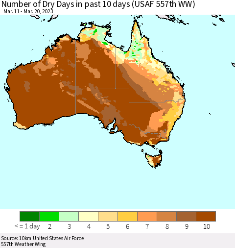 Australia Number of Dry Days in past 10 days (USAF 557th WW) Thematic Map For 3/16/2023 - 3/20/2023