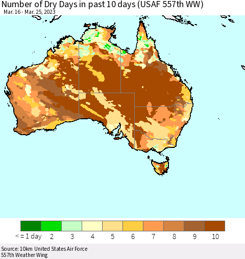 Australia Number of Dry Days in past 10 days (USAF 557th WW) Thematic Map For 3/21/2023 - 3/25/2023