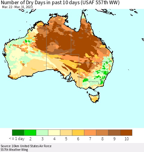 Australia Number of Dry Days in past 10 days (USAF 557th WW) Thematic Map For 3/26/2023 - 3/31/2023