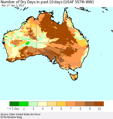 Australia Number of Dry Days in past 10 days (USAF 557th WW) Thematic Map For 4/1/2023 - 4/5/2023