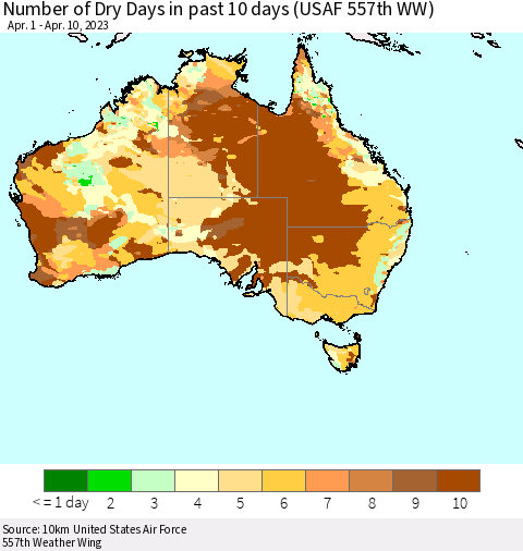 Australia Number of Dry Days in past 10 days (USAF 557th WW) Thematic Map For 4/6/2023 - 4/10/2023