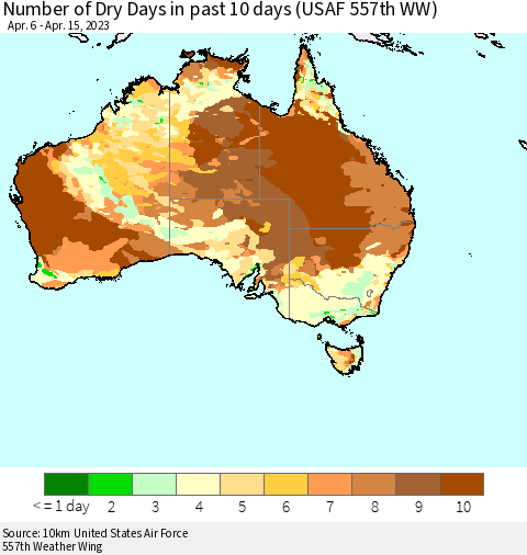 Australia Number of Dry Days in past 10 days (USAF 557th WW) Thematic Map For 4/11/2023 - 4/15/2023
