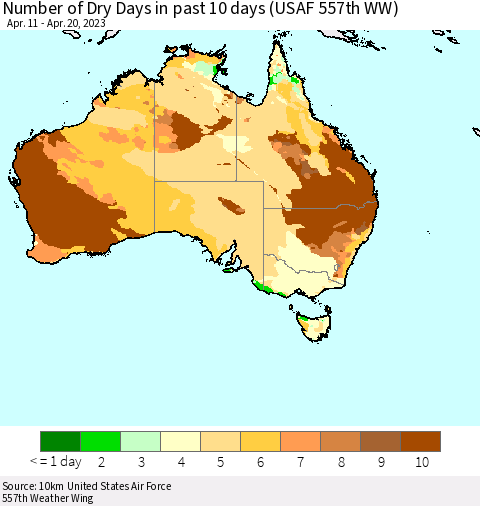 Australia Number of Dry Days in past 10 days (USAF 557th WW) Thematic Map For 4/16/2023 - 4/20/2023
