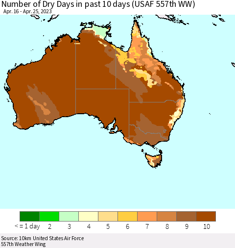Australia Number of Dry Days in past 10 days (USAF 557th WW) Thematic Map For 4/21/2023 - 4/25/2023