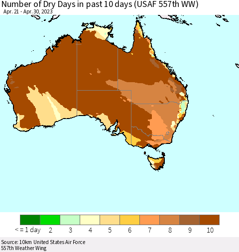 Australia Number of Dry Days in past 10 days (USAF 557th WW) Thematic Map For 4/26/2023 - 4/30/2023