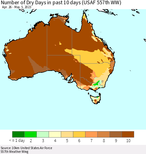 Australia Number of Dry Days in past 10 days (USAF 557th WW) Thematic Map For 5/1/2023 - 5/5/2023