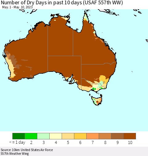 Australia Number of Dry Days in past 10 days (USAF 557th WW) Thematic Map For 5/6/2023 - 5/10/2023