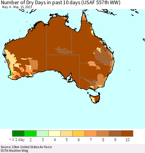 Australia Number of Dry Days in past 10 days (USAF 557th WW) Thematic Map For 5/11/2023 - 5/15/2023