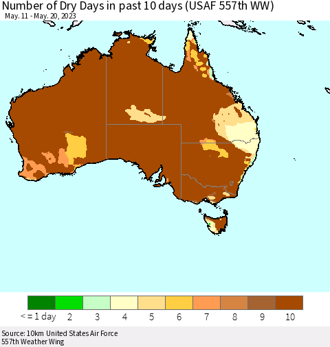 Australia Number of Dry Days in past 10 days (USAF 557th WW) Thematic Map For 5/16/2023 - 5/20/2023