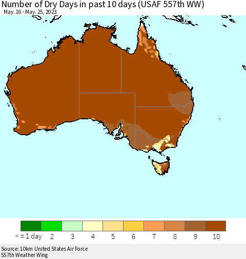 Australia Number of Dry Days in past 10 days (USAF 557th WW) Thematic Map For 5/21/2023 - 5/25/2023