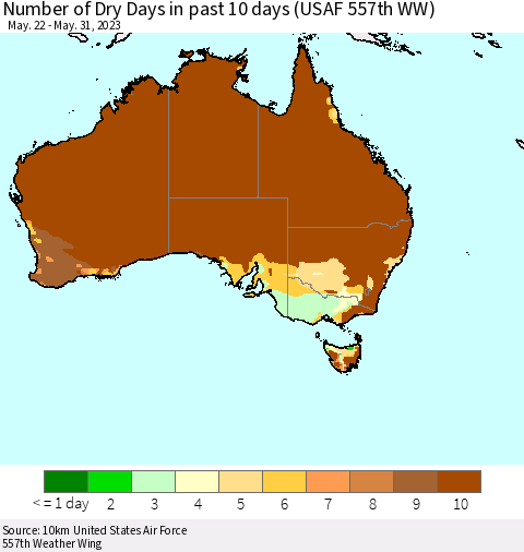 Australia Number of Dry Days in past 10 days (USAF 557th WW) Thematic Map For 5/26/2023 - 5/31/2023
