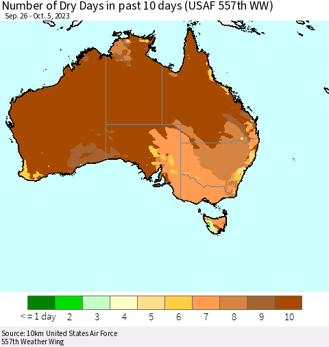 Australia Number of Dry Days in past 10 days (USAF 557th WW) Thematic Map For 10/1/2023 - 10/5/2023