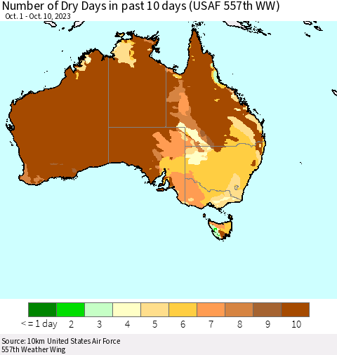 Australia Number of Dry Days in past 10 days (USAF 557th WW) Thematic Map For 10/6/2023 - 10/10/2023