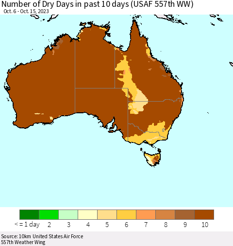 Australia Number of Dry Days in past 10 days (USAF 557th WW) Thematic Map For 10/11/2023 - 10/15/2023