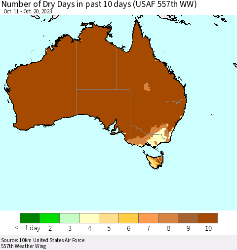 Australia Number of Dry Days in past 10 days (USAF 557th WW) Thematic Map For 10/16/2023 - 10/20/2023