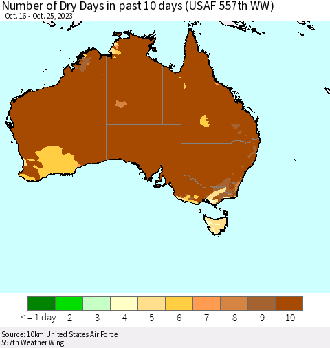 Australia Number of Dry Days in past 10 days (USAF 557th WW) Thematic Map For 10/21/2023 - 10/25/2023