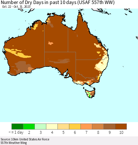 Australia Number of Dry Days in past 10 days (USAF 557th WW) Thematic Map For 10/26/2023 - 10/31/2023