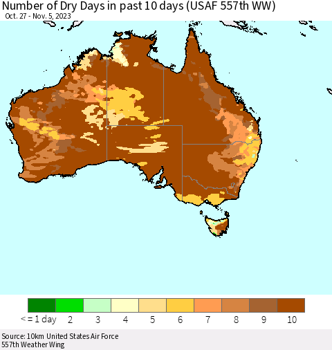 Australia Number of Dry Days in past 10 days (USAF 557th WW) Thematic Map For 11/1/2023 - 11/5/2023