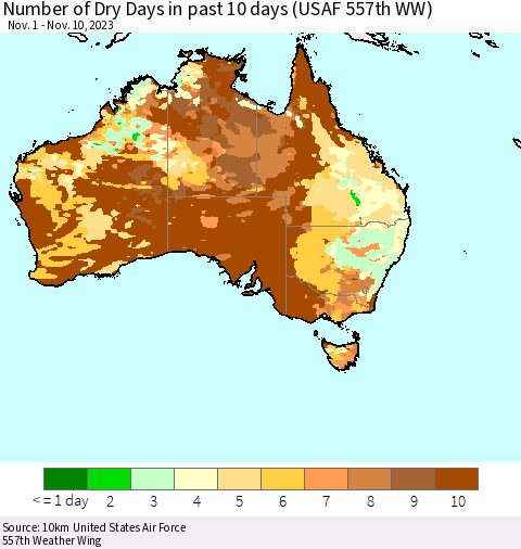 Australia Number of Dry Days in past 10 days (USAF 557th WW) Thematic Map For 11/6/2023 - 11/10/2023