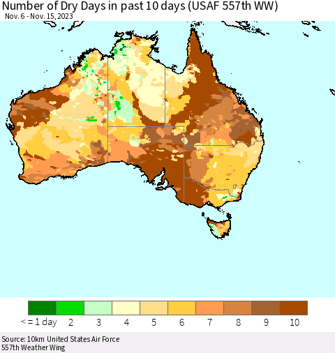 Australia Number of Dry Days in past 10 days (USAF 557th WW) Thematic Map For 11/11/2023 - 11/15/2023