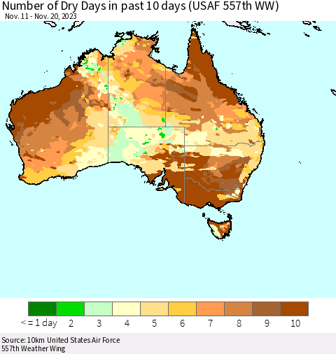 Australia Number of Dry Days in past 10 days (USAF 557th WW) Thematic Map For 11/16/2023 - 11/20/2023