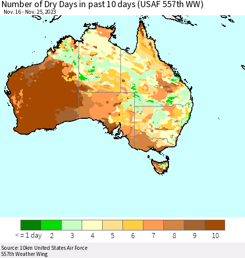 Australia Number of Dry Days in past 10 days (USAF 557th WW) Thematic Map For 11/21/2023 - 11/25/2023